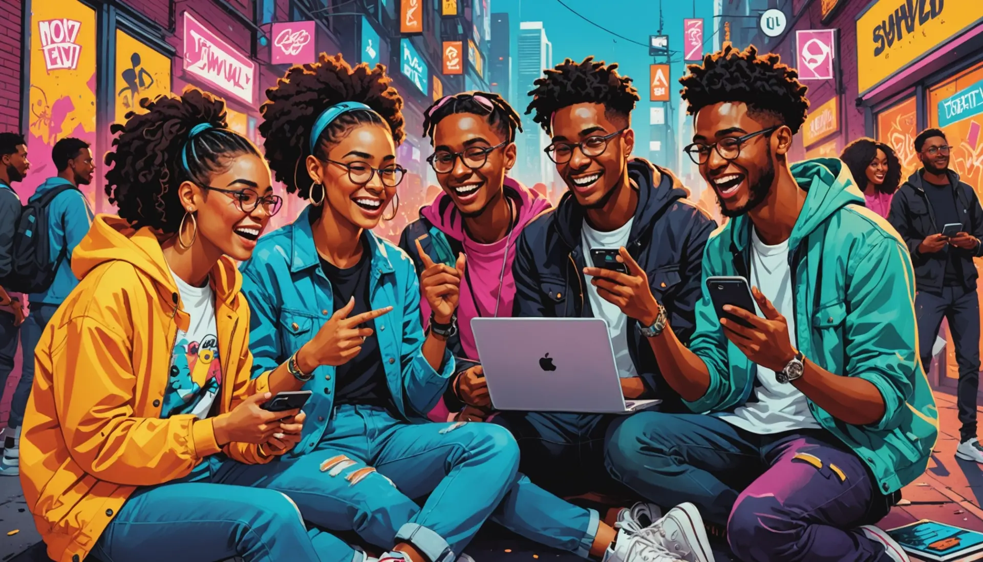 Editorial illustration showing people looking up snm urban dictionary on phones
