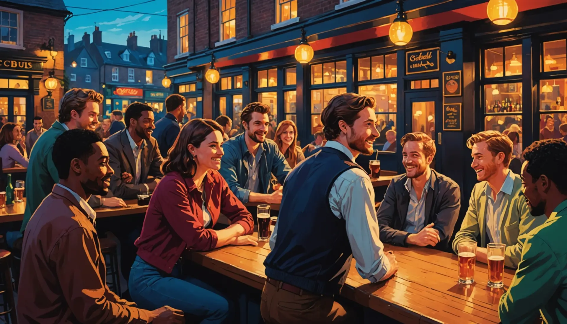 Editorial illustration of people in a UK pub with the phrase british slang bell implied in gestures
