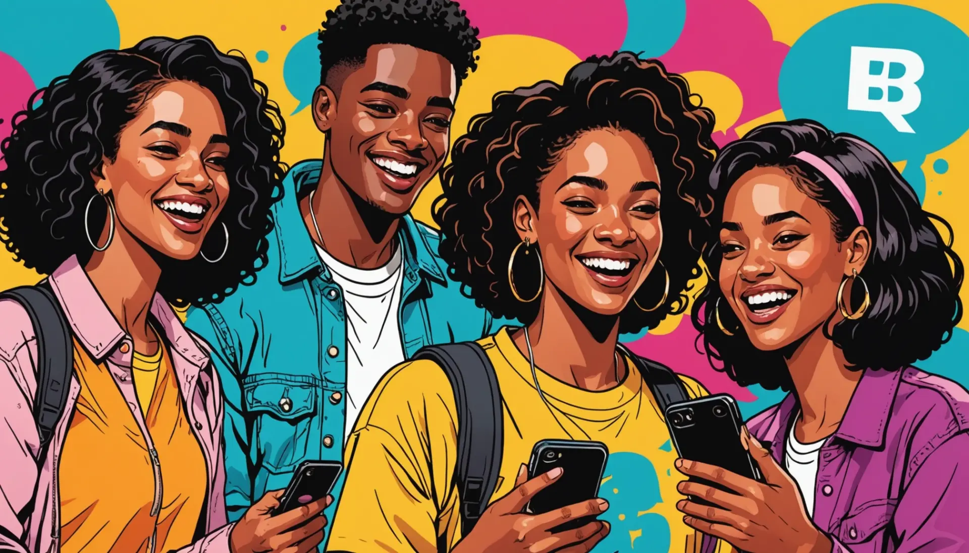 Editorial illustration showing friends texting 'mb' with the text mb slang meaning visible conceptually