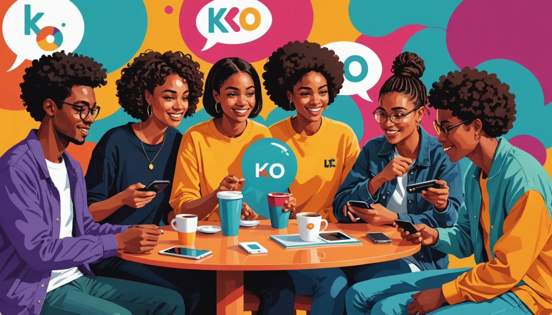 Editorial illustration showing people texting 'ko' with the phrase what does ko mean in text