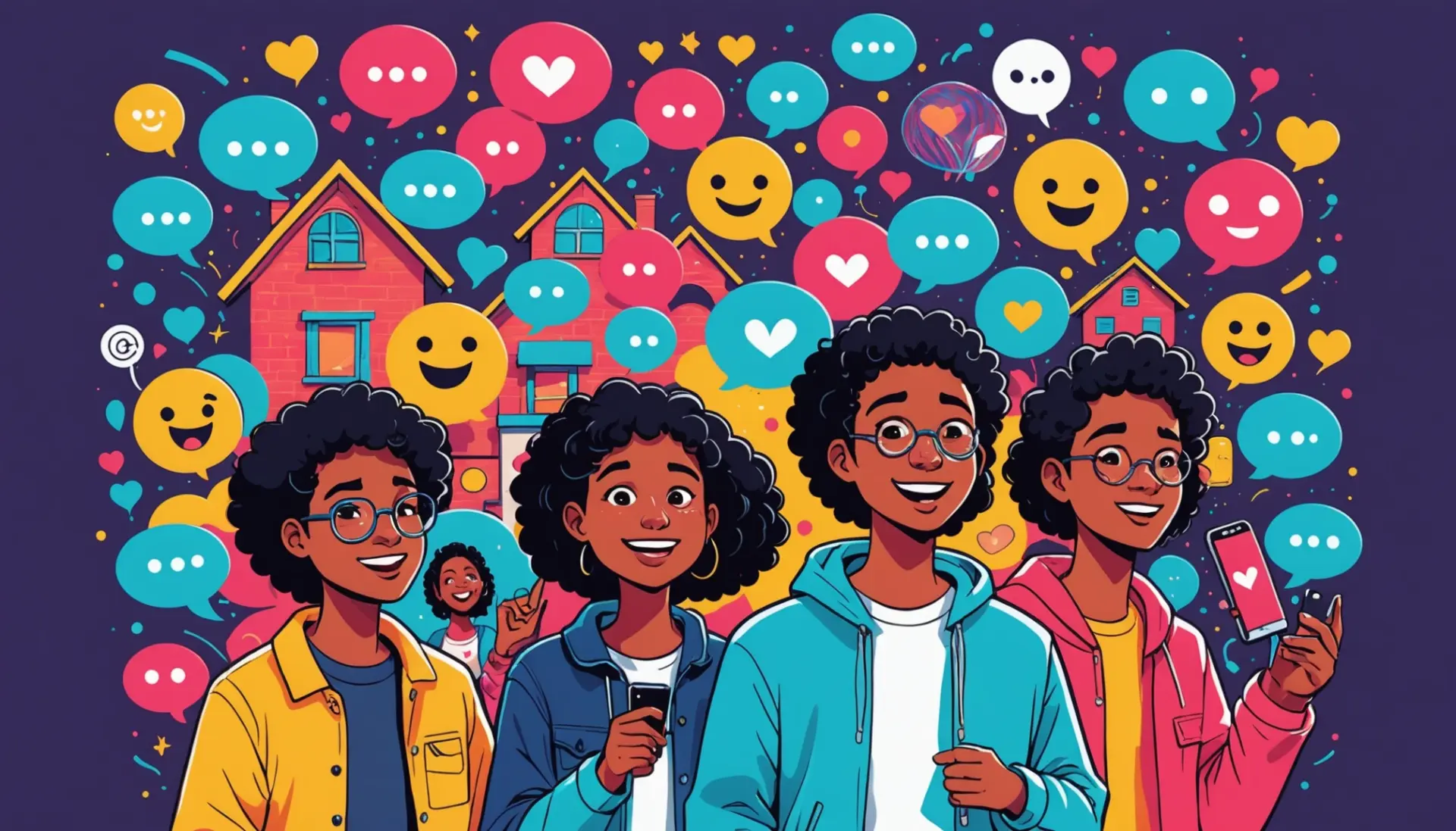 Editorial illustration showing chat bubbles and icons with the phrase hus urban dictionary context