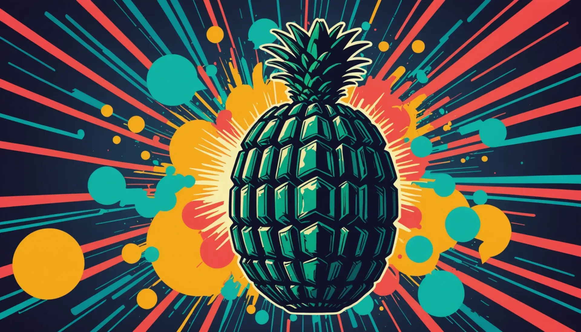 Editorial illustration showing slang for hand grenade concepts: pineapple grenade, 'nade' chat bubble, and 'frag' clip