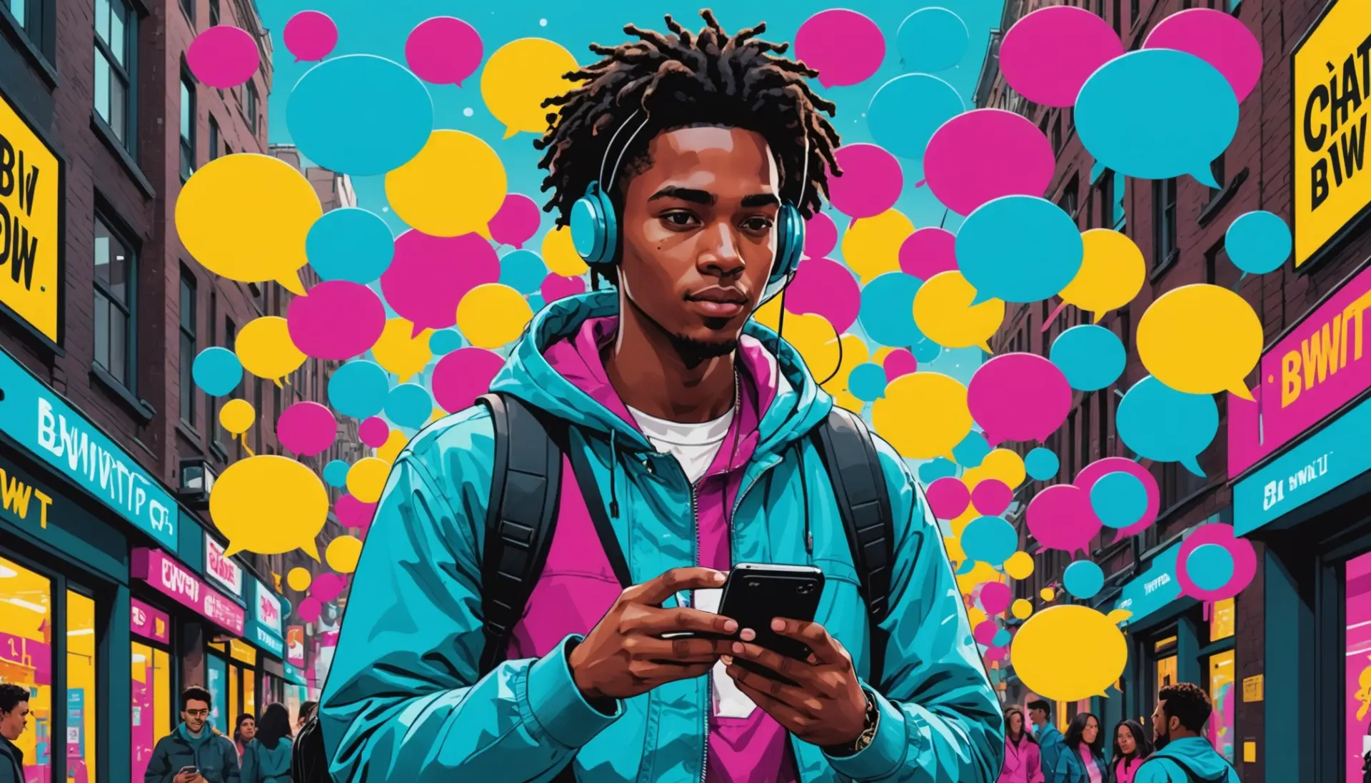 Editorial illustration of texting scene asking what does bwt mean in text