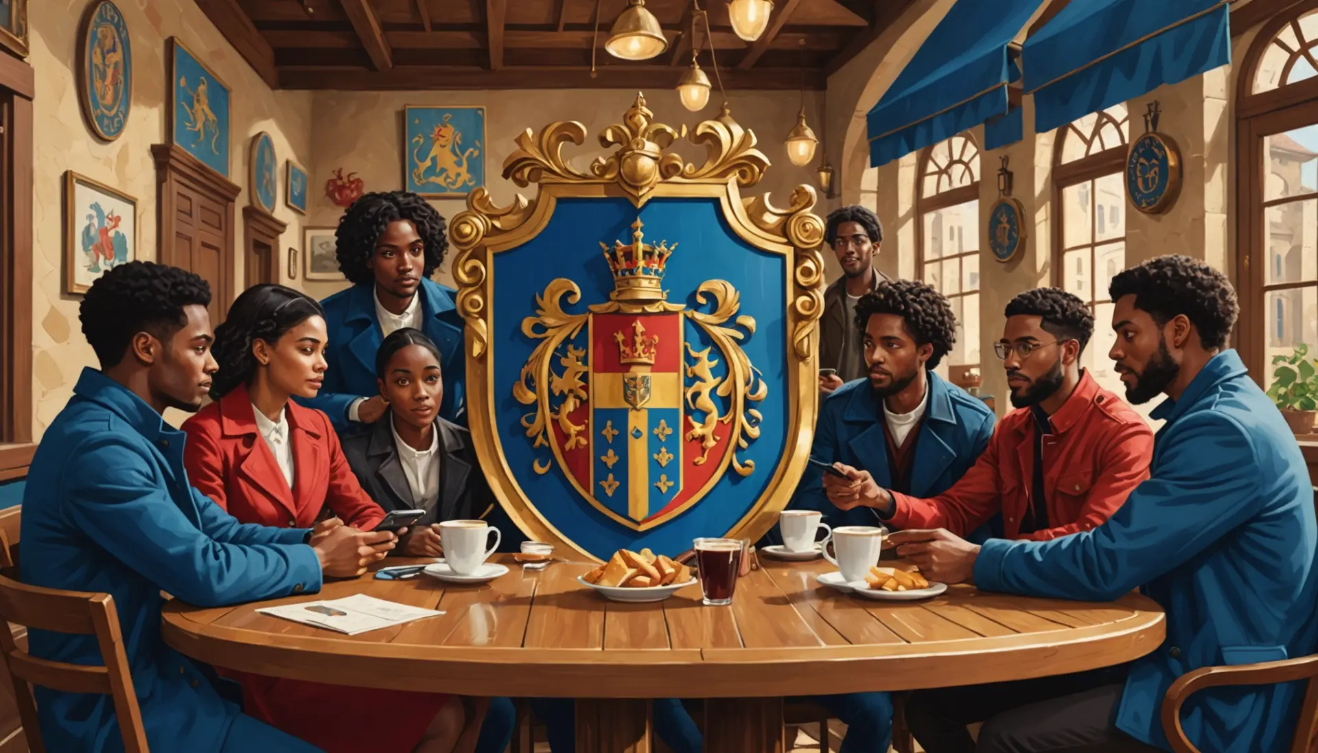 Editorial illustration showing people examining a family crest, asking what does heraldry mean