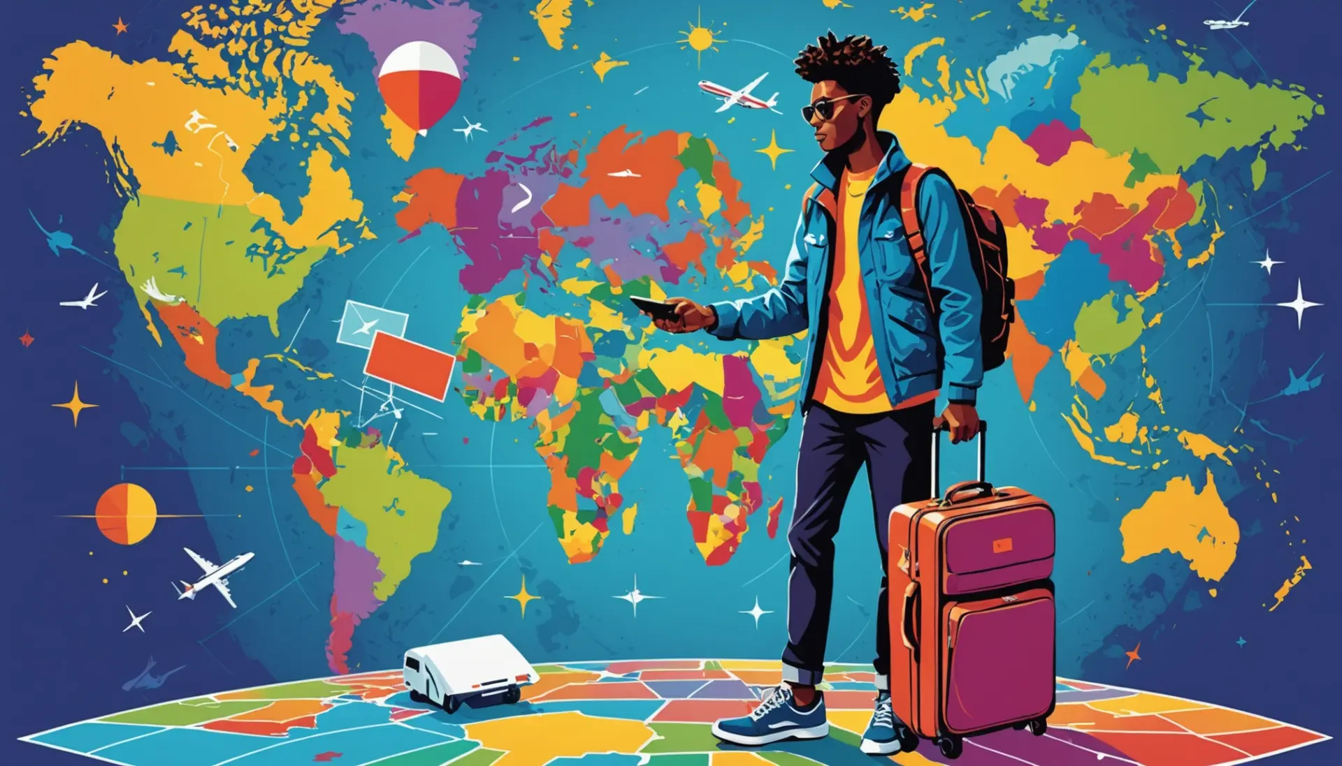 Editorial illustration of a stylish traveler asking what does globetrotter mean while standing with a suitcase and globe