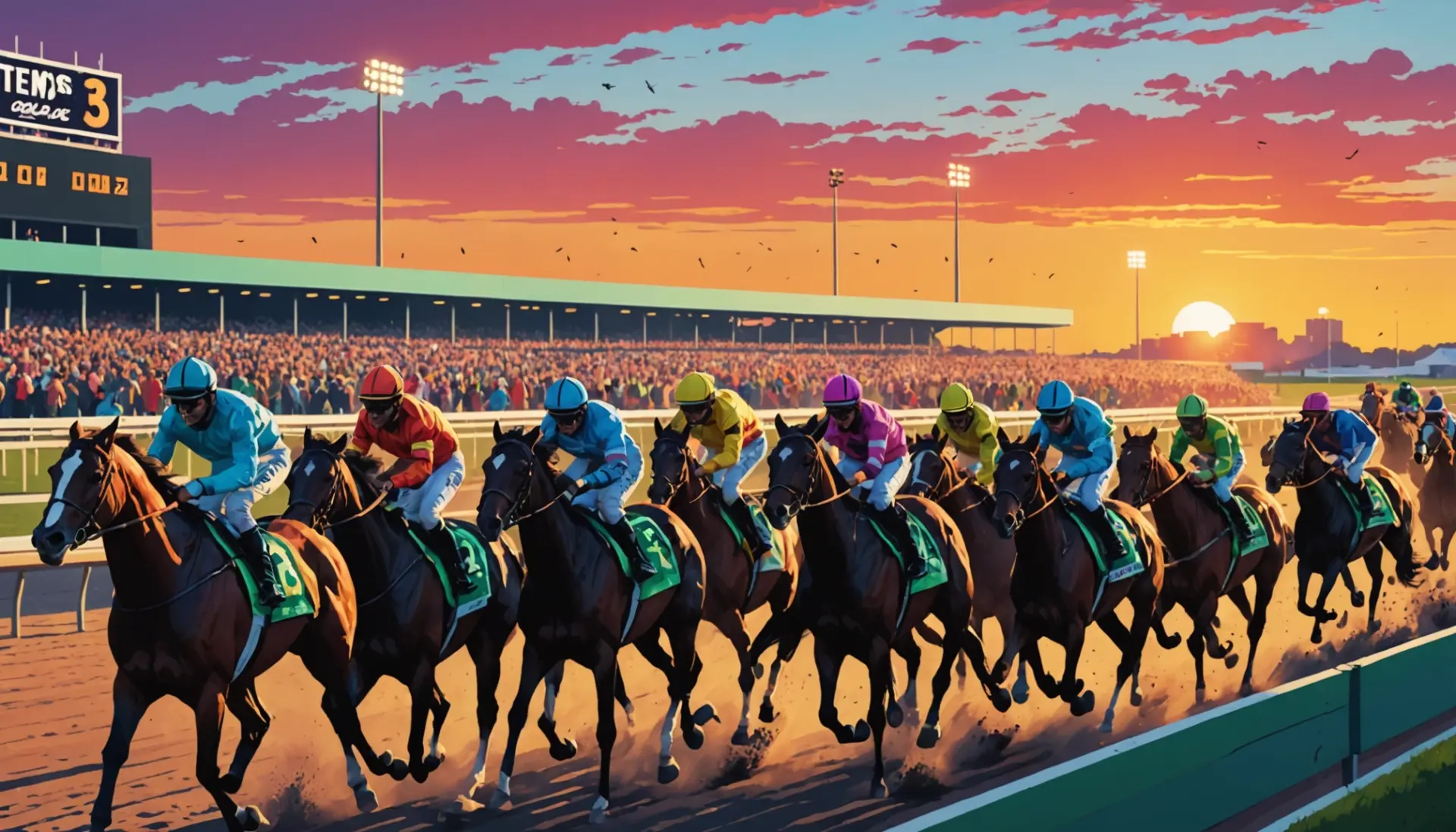 Editorial illustration showing a racetrack scene with bettors and a tote board, concept: what does place mean in horse racing