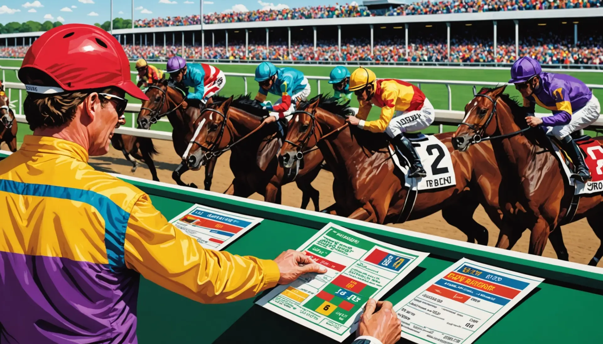 Illustration showing 'what does show mean in horse racing' concept with jockeys and betting tickets