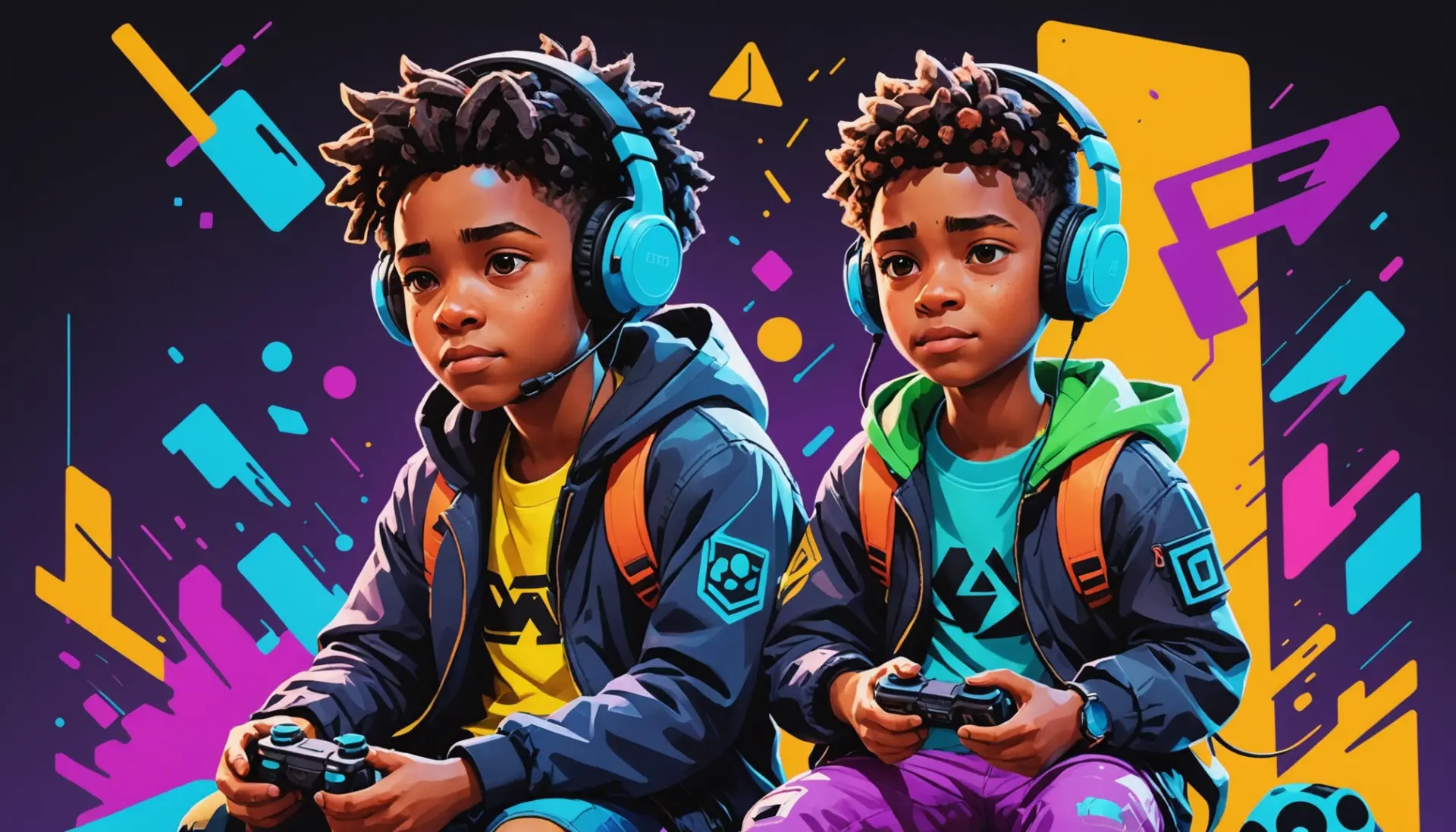 Editorial illustration representing spawn meaning slang with a gamer and a cheeky parent, urban vibes, colorful