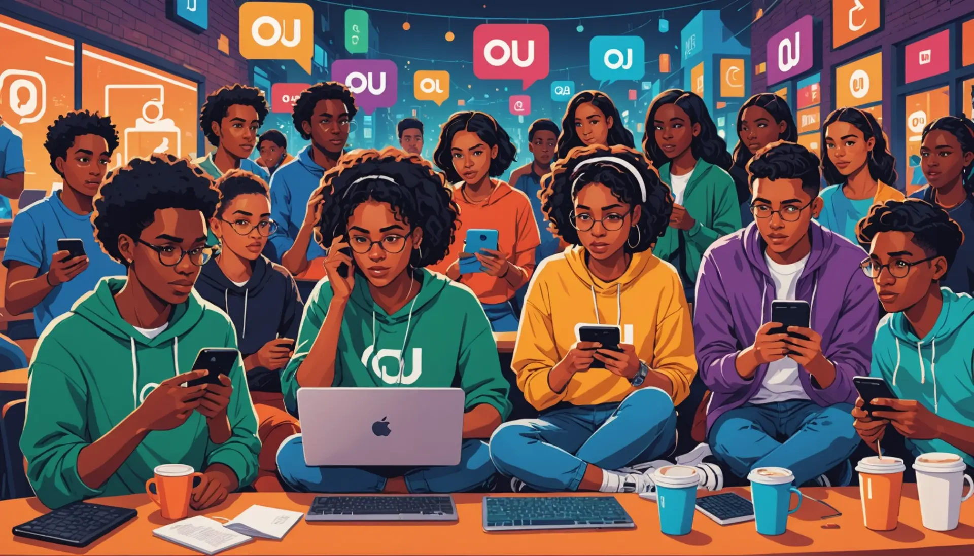 Editorial illustration showing people texting the phrase 'ou', exploring what does ou mean in text