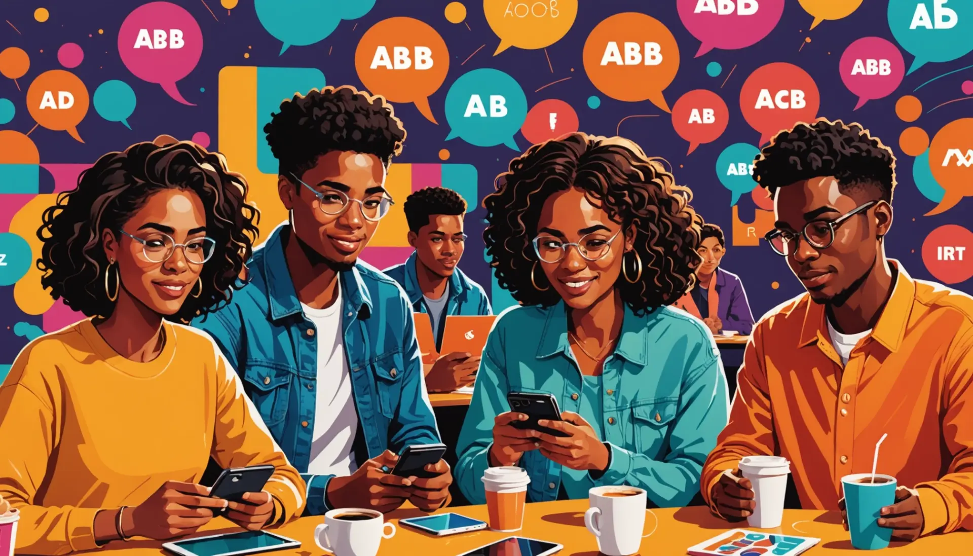 Editorial illustration of young people texting about abb meaning slang in colorful urban setting