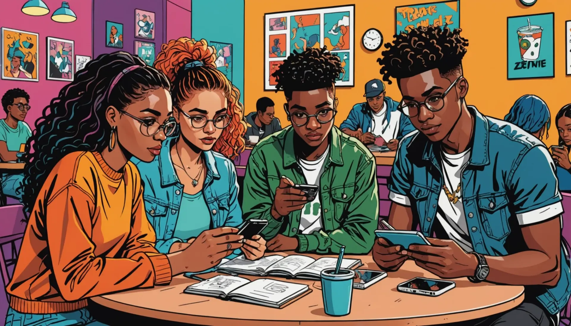 Editorial illustration of young people debating the meaning of ock urban dictionary on their phones