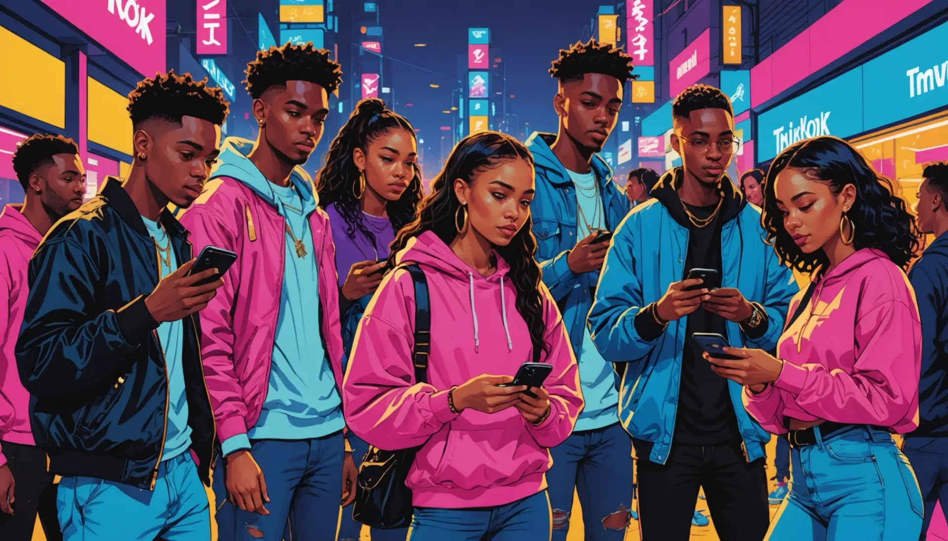 Editorial illustration reflecting thot slang meaning with young people and vibrant street-culture visuals
