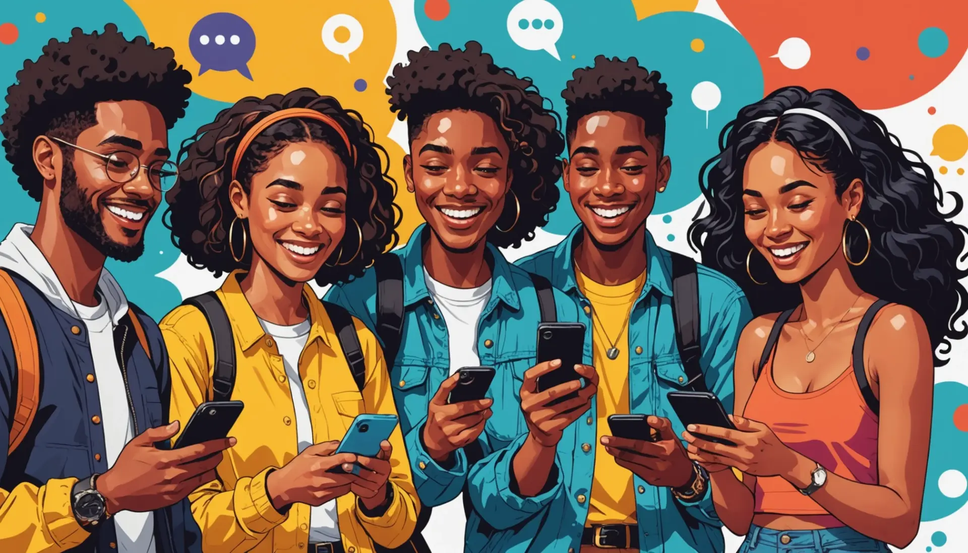Editorial illustration showing young people texting with the phrase IFG, representing ifg meaning in text slang tiktok