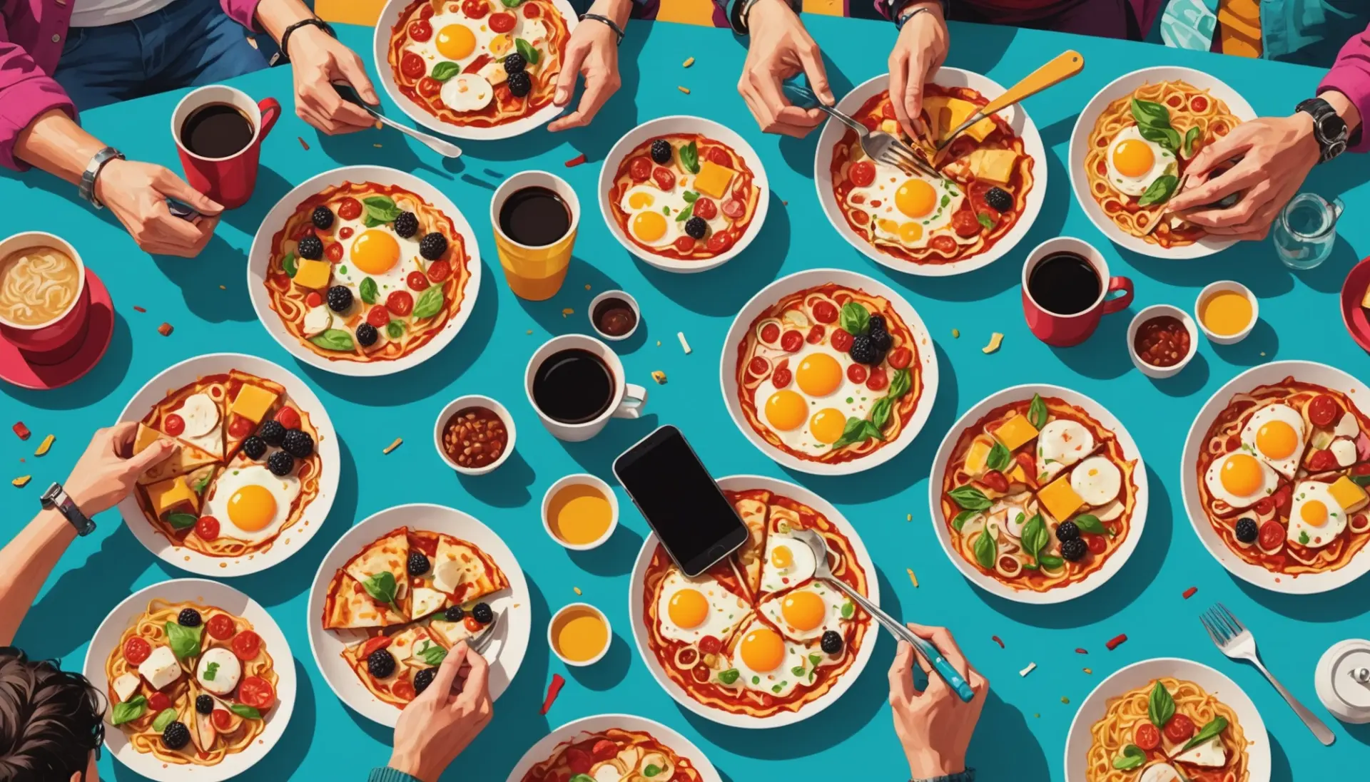 Editorial illustration showing a chaotic breakfast scene labeled mongolian breakfast slang meaning