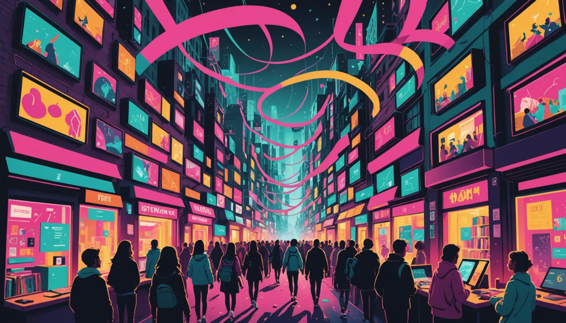 Editorial illustration of people falling into a colorful rabbit hole with screens and books, representing rabbit hole meaning slang