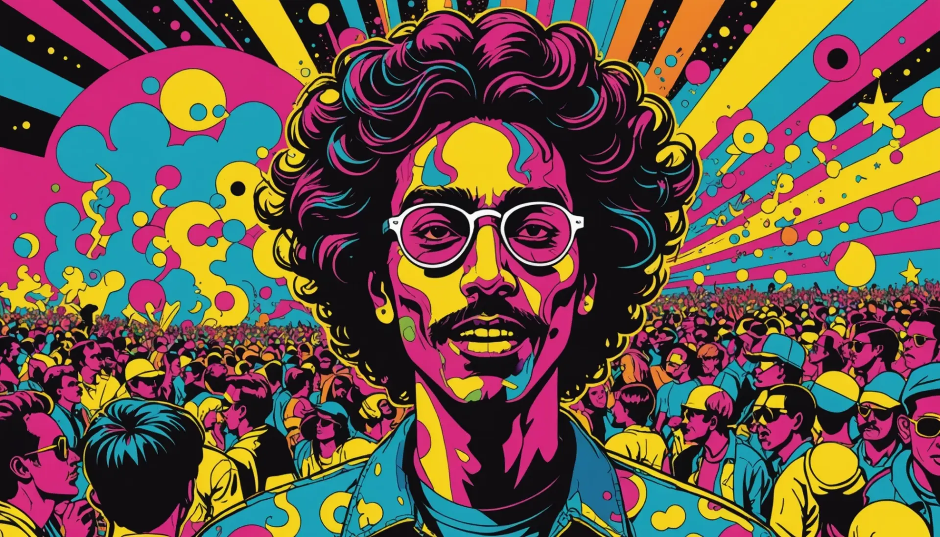 Editorial illustration representing acid meaning slang with psychedelic colors and cultural symbols