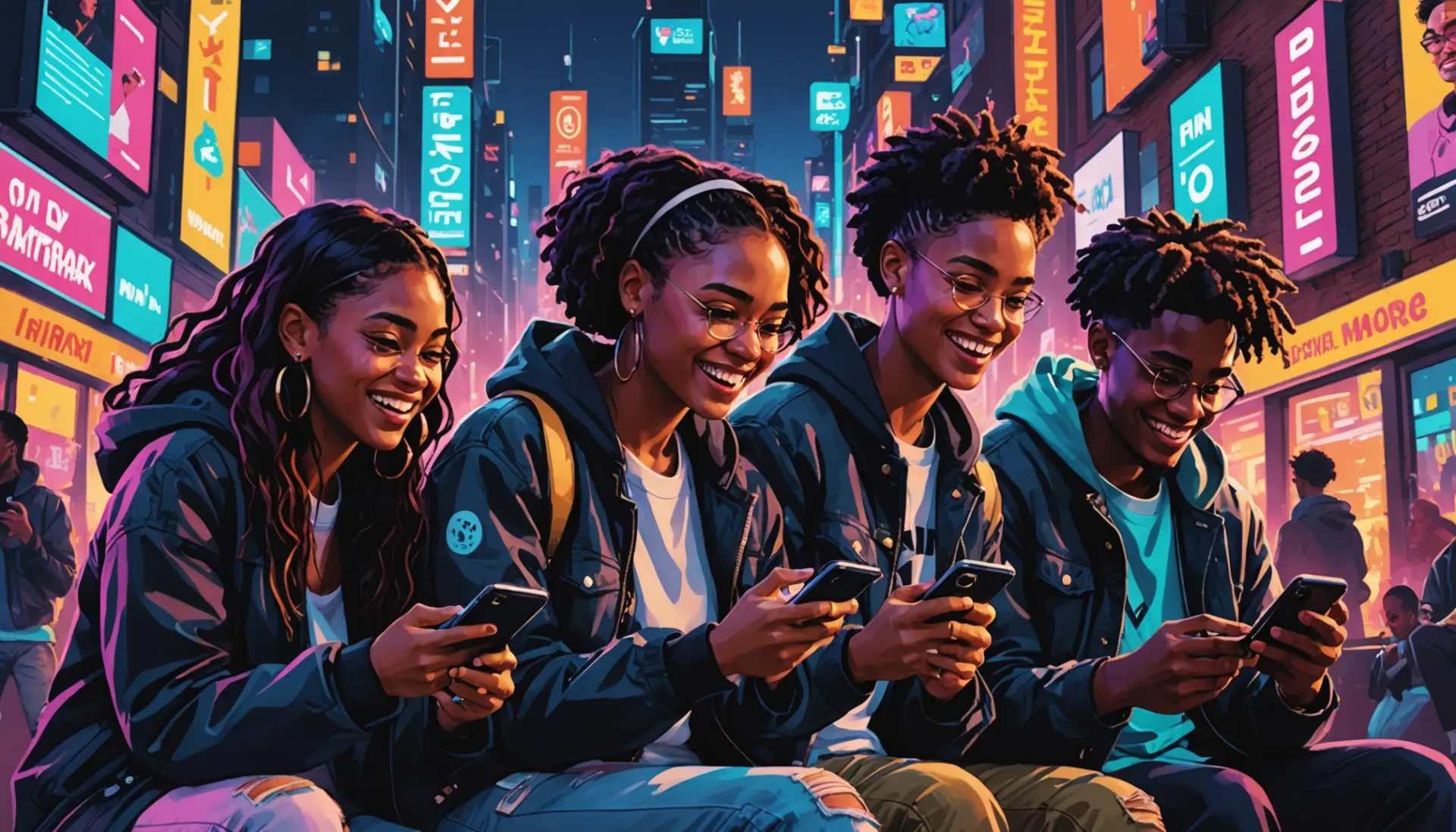 Editorial illustration showing people captioning social posts with yktv meaning slang