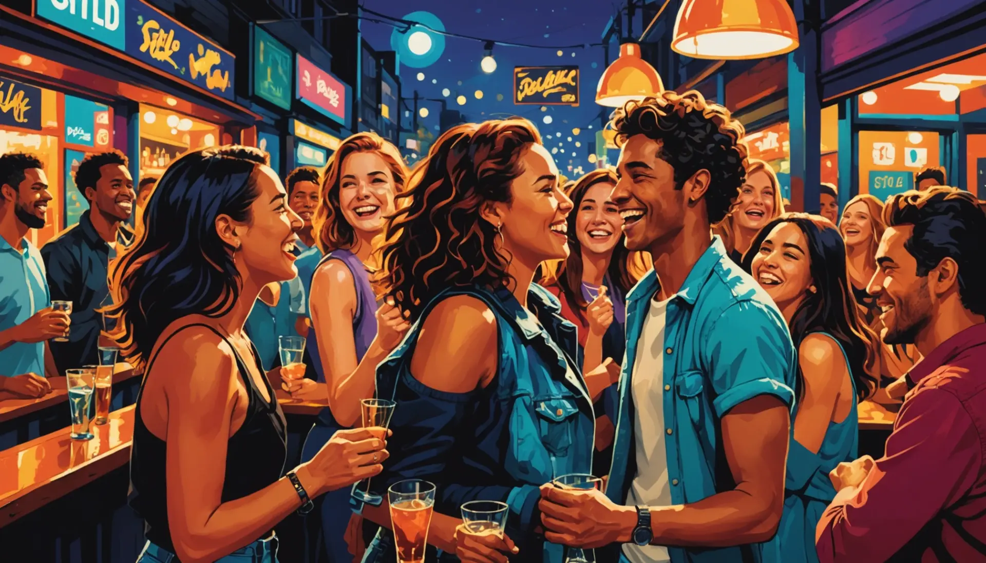 Editorial illustration showing friends using australian slang for kiss in a lively bar scene