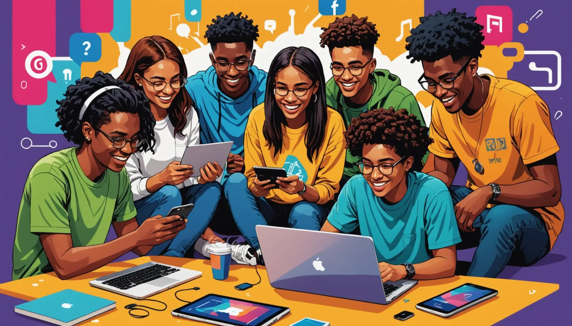Editorial illustration of teenagers texting and captions showing 'what does gmbs mean slang' context