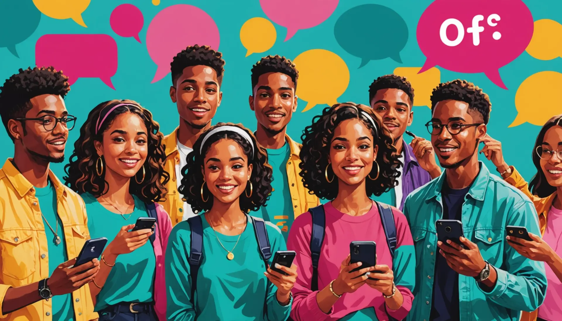 Editorial illustration showing people texting the phrase what does ofc mean on colorful speech bubbles