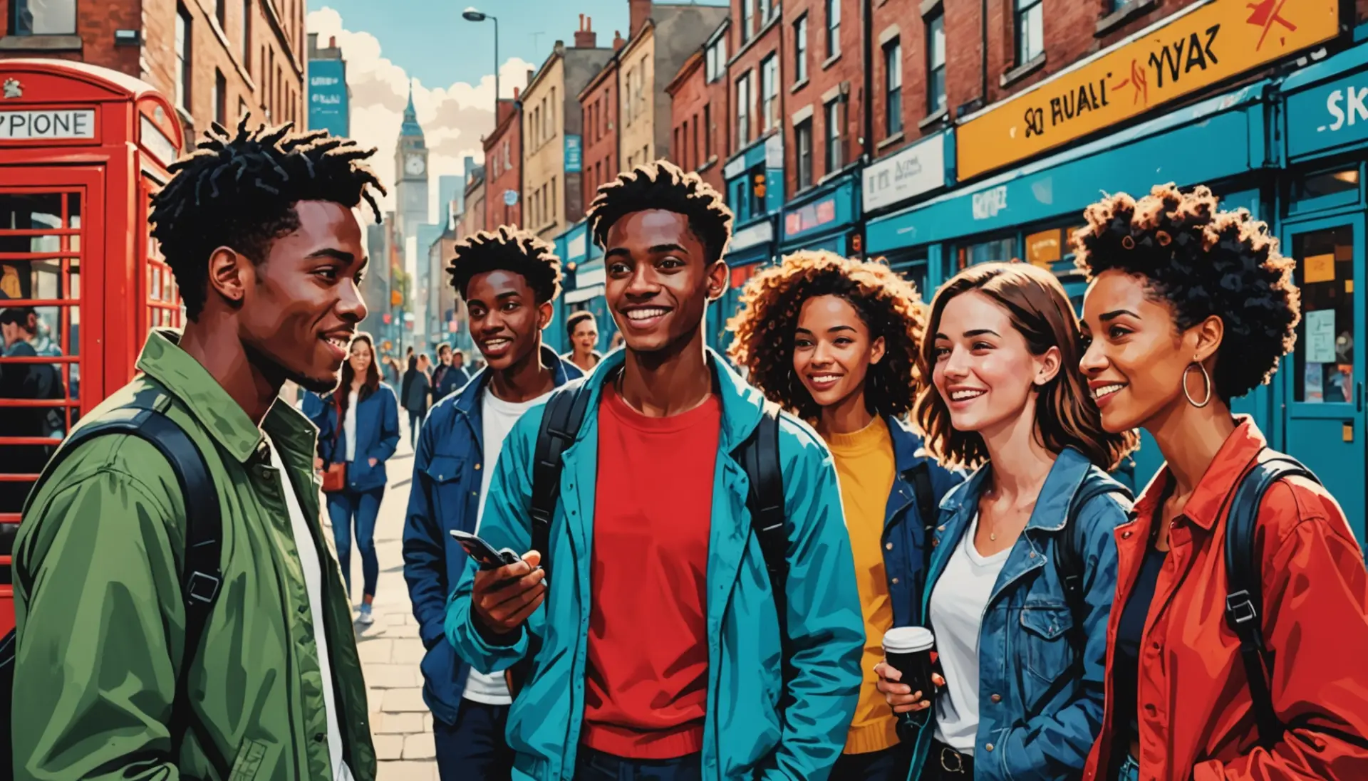 Editorial illustration of young people using the phrase weapon uk slang in conversation
