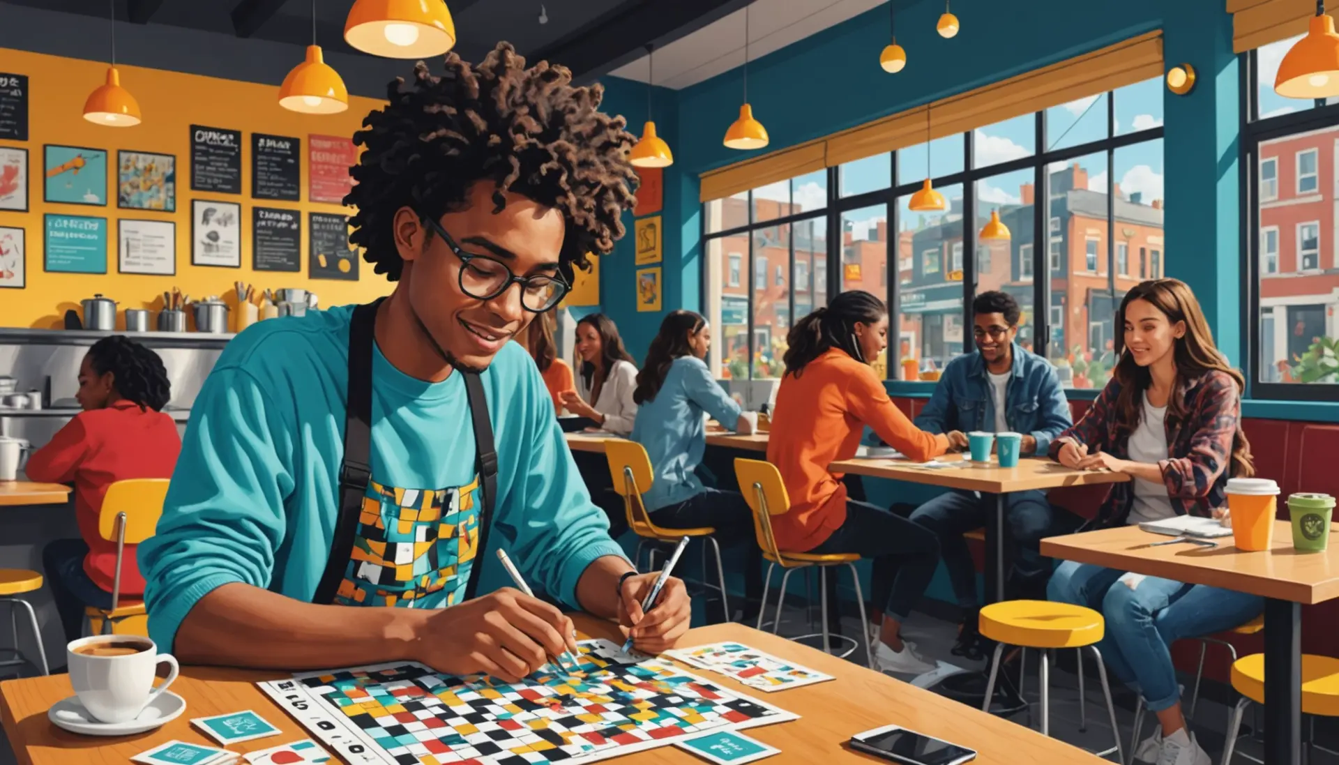 Editorial illustration of a crossword grid and slang words like hurl in slang crossword floating around