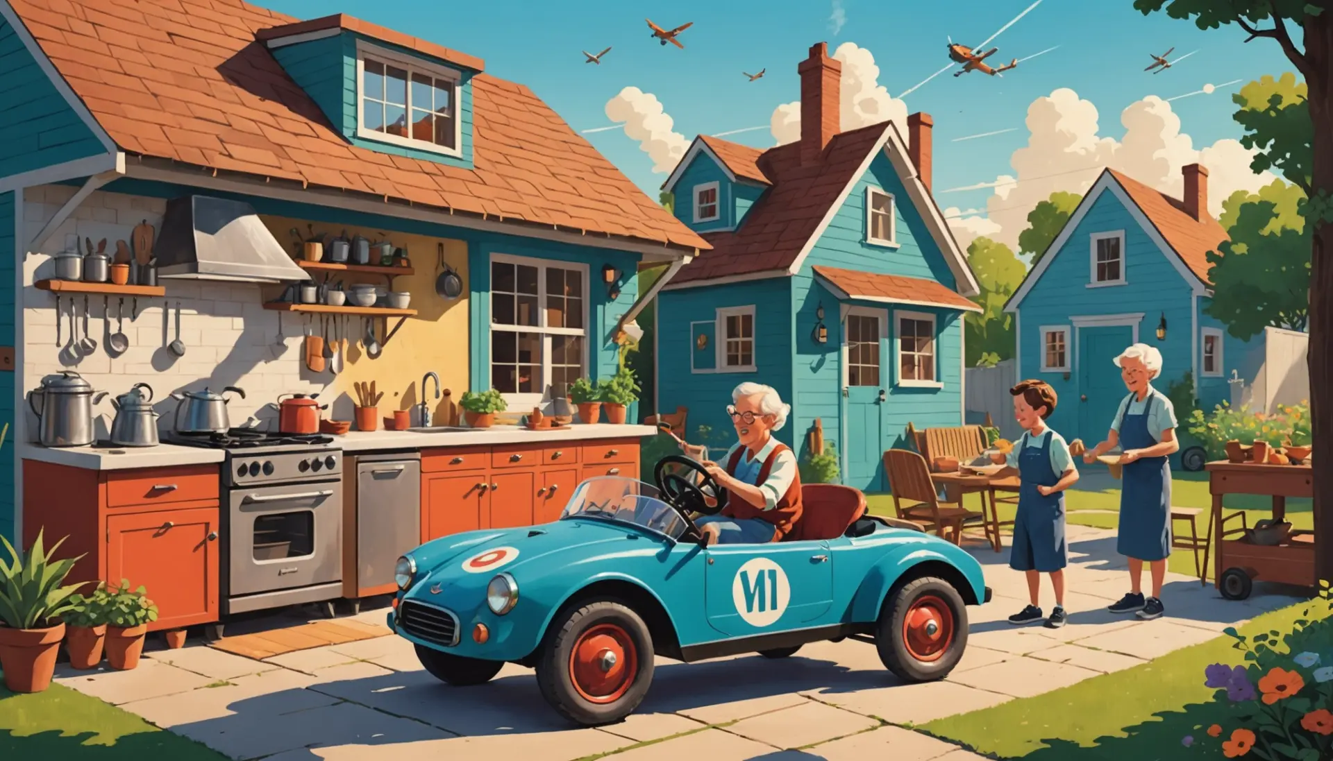 Editorial illustration showing people, a tiny homemade car, and a historical V-1 jet, representing doodlebug meaning slang