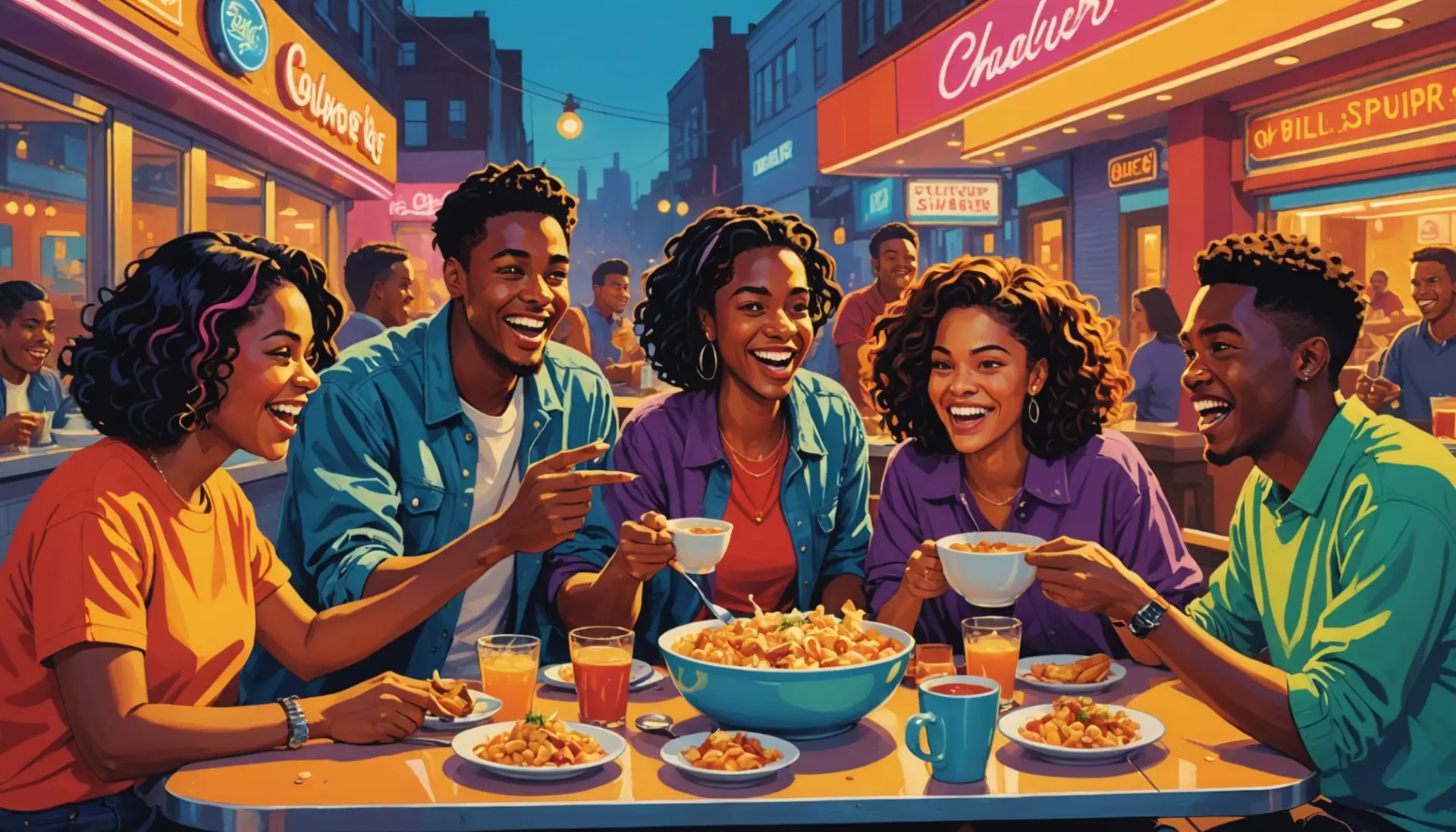 Editorial illustration of people joking about chowder meaning slang at a diner