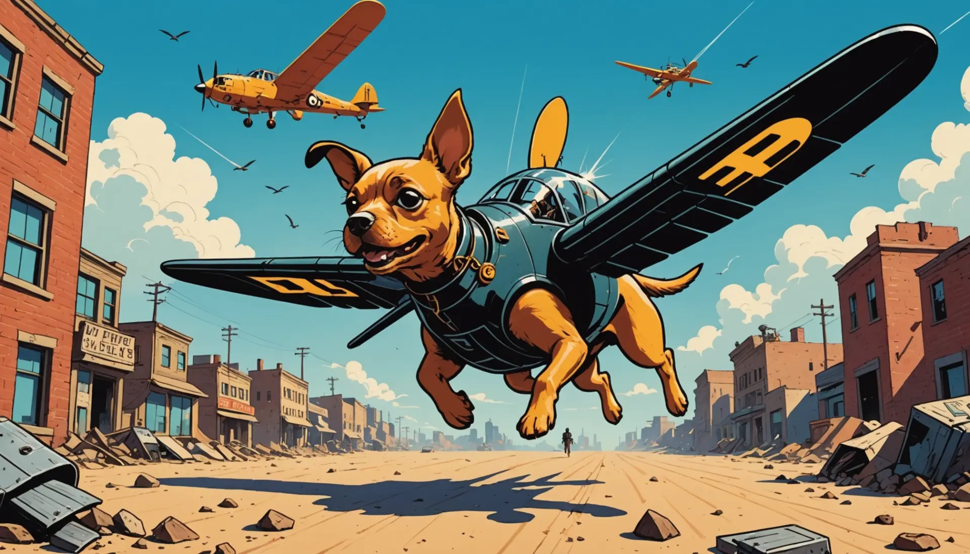 Editorial illustration of a quirky doodlebug scene showing a pet named doodlebug, a V-1 flying bomb silhouette, and an antlion pit, representing doodlebug slang meaning