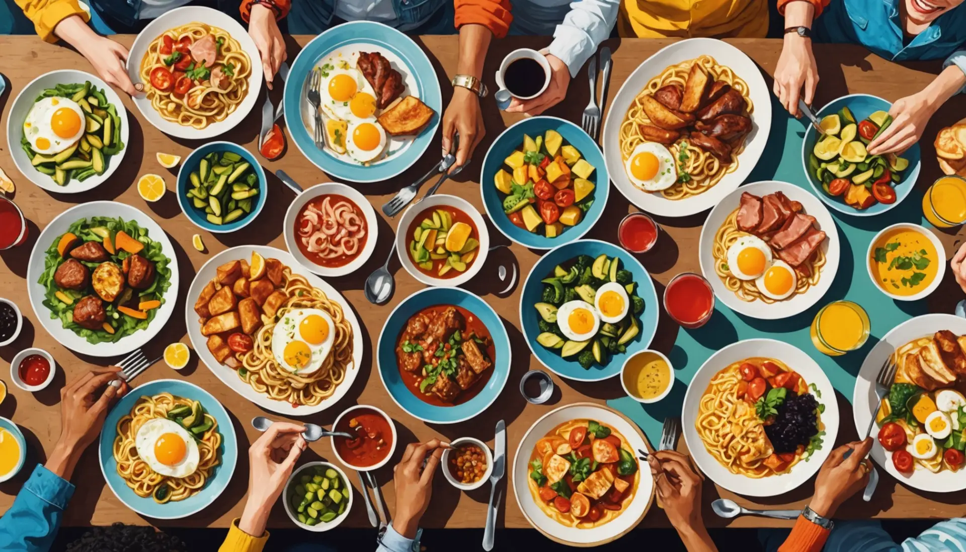 Editorial illustration of people sharing a chaotic, colorful brunch scene labelled mongolian breakfast slang vibe