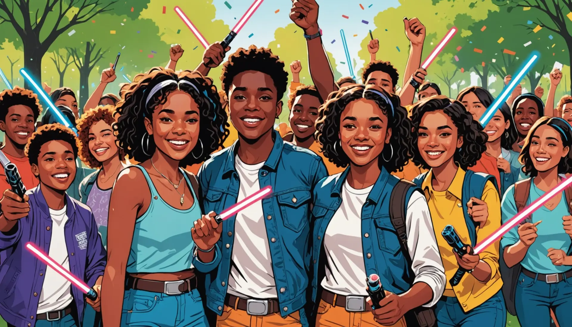 Illustration showing fans celebrating May the 4th with costumes and banners that say what does may the 4th be with you mean