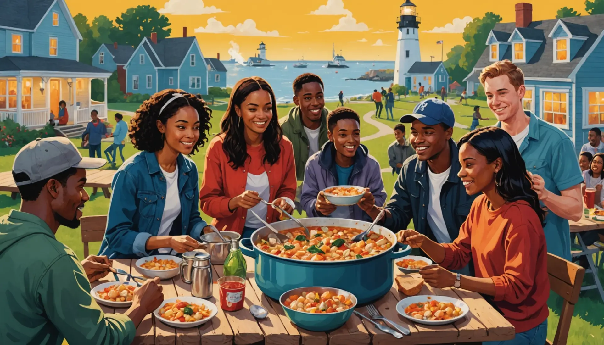 Editorial illustration of people sharing a bowl of chowder labeled with the phrase chowder slang meaning