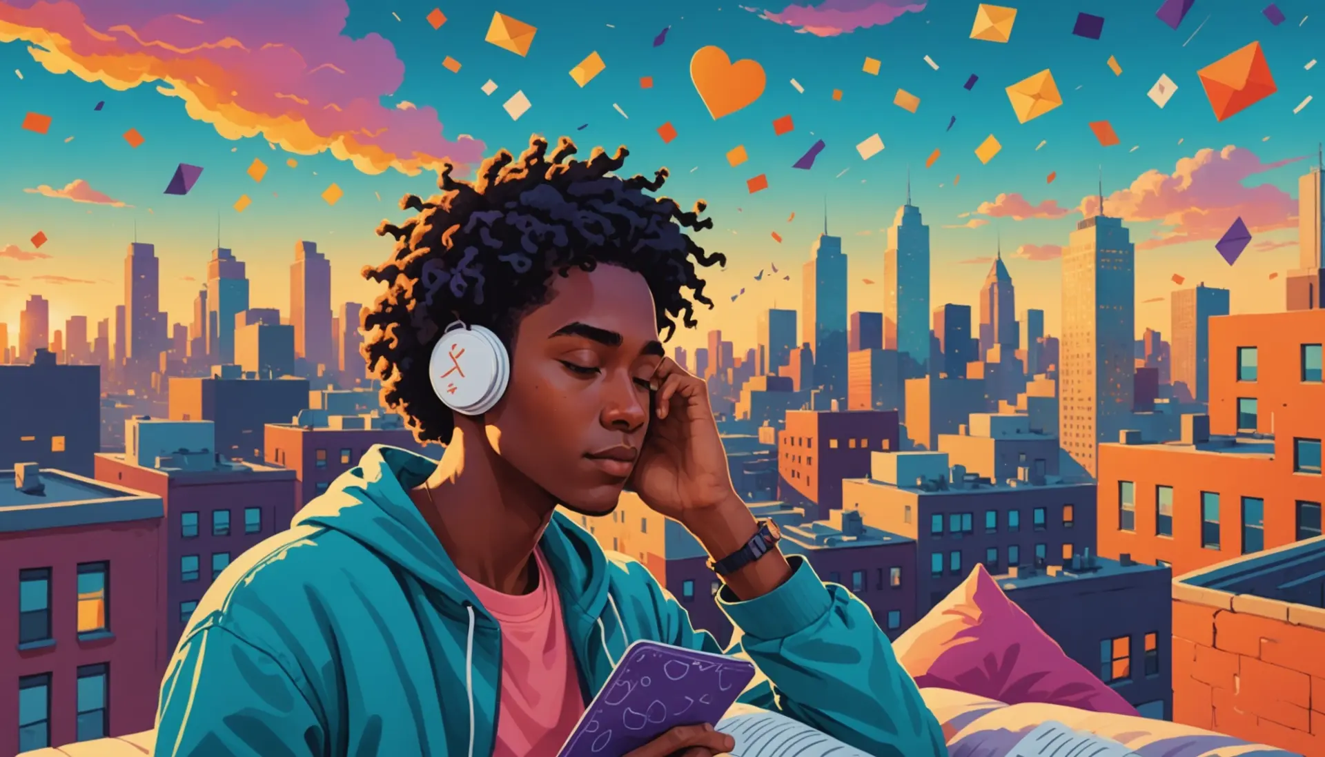 Editorial illustration of a person holding an eye pillow, captioned by cozy vibes, representing eye pillow slang meaning