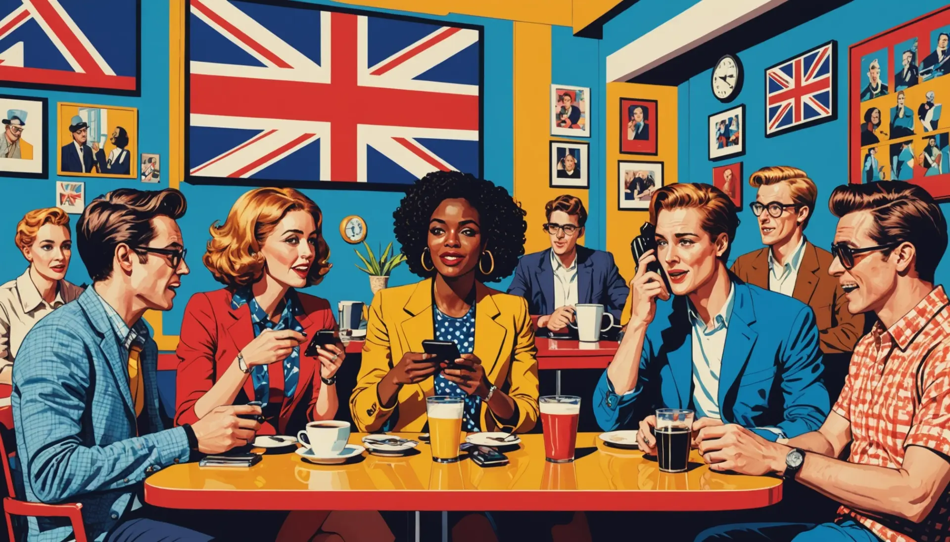 Editorial illustration showing people reacting with 'wow', representing what does wow mean in British slang