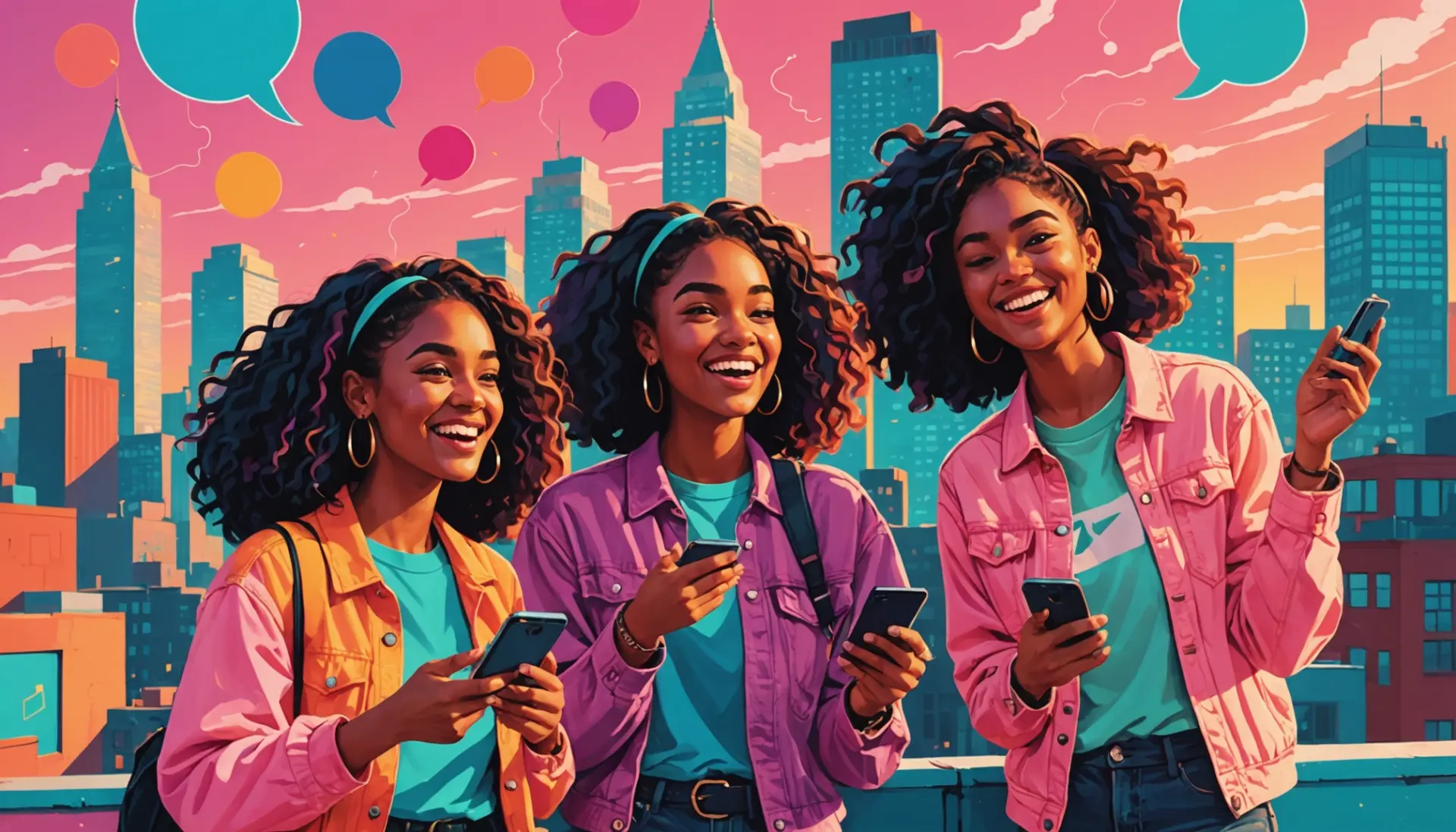 Editorial illustration showing young people using phones and saying labubu, exploring what does labubu mean