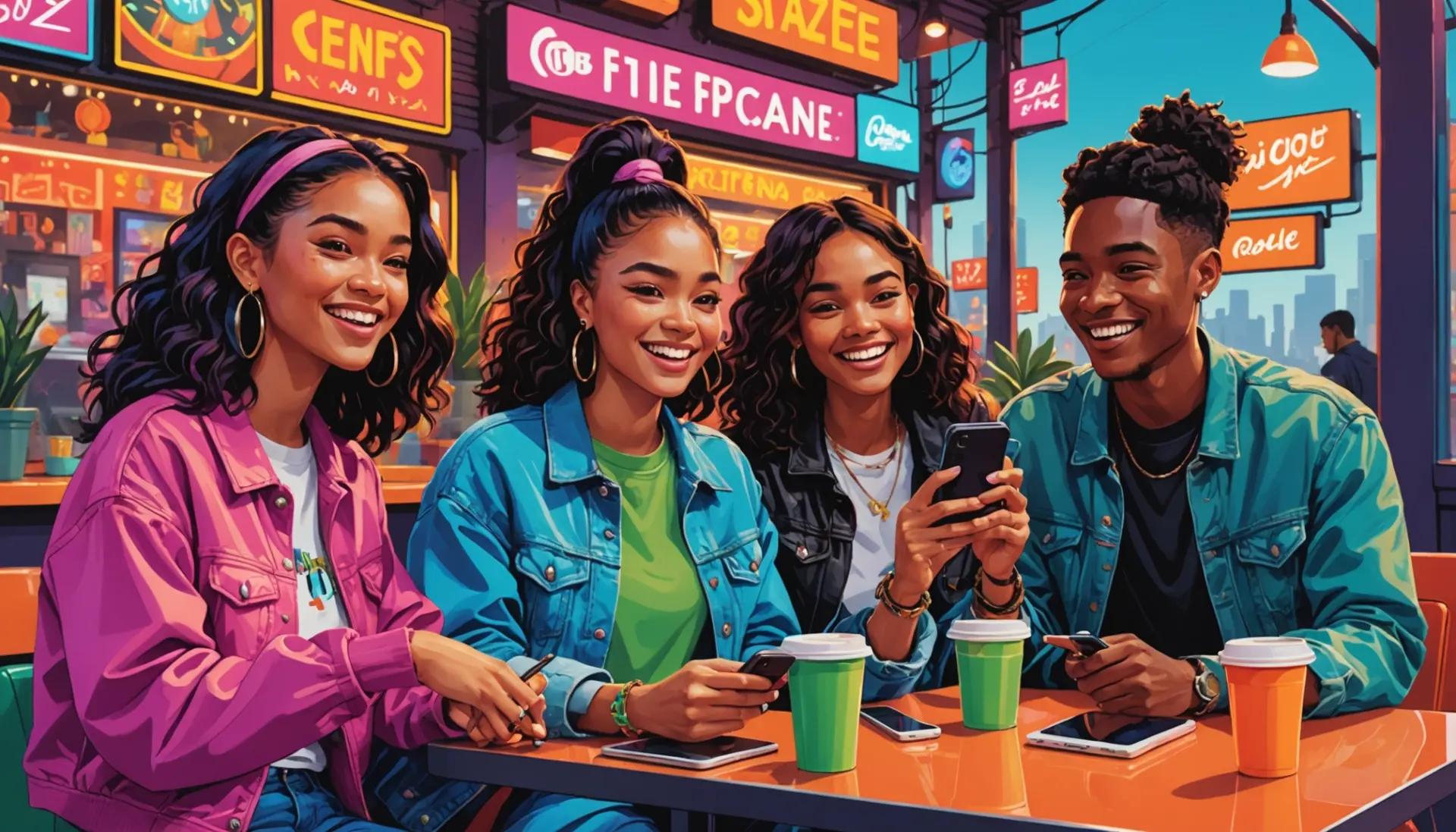 Editorial illustration showing young people laughing and one saying labubu slang in a caption