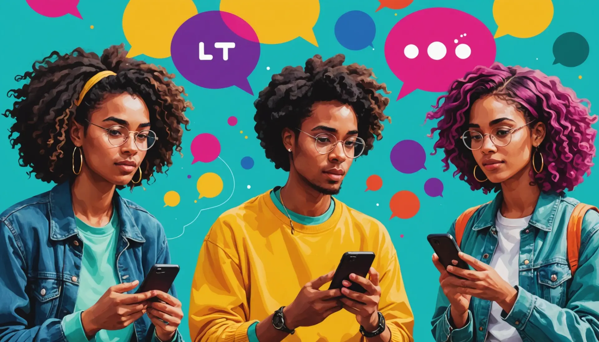 Editorial illustration showing people texting 'what does lyt mean in text' with chat bubbles, focus on 'lyt' abbreviation