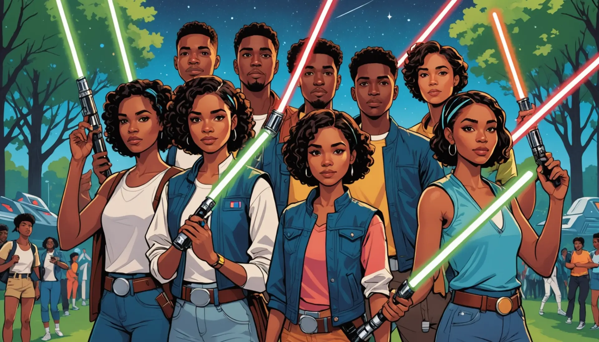 Fans celebrating May the Fourth with lightsabers, illustrating what does may the fourth be with you mean