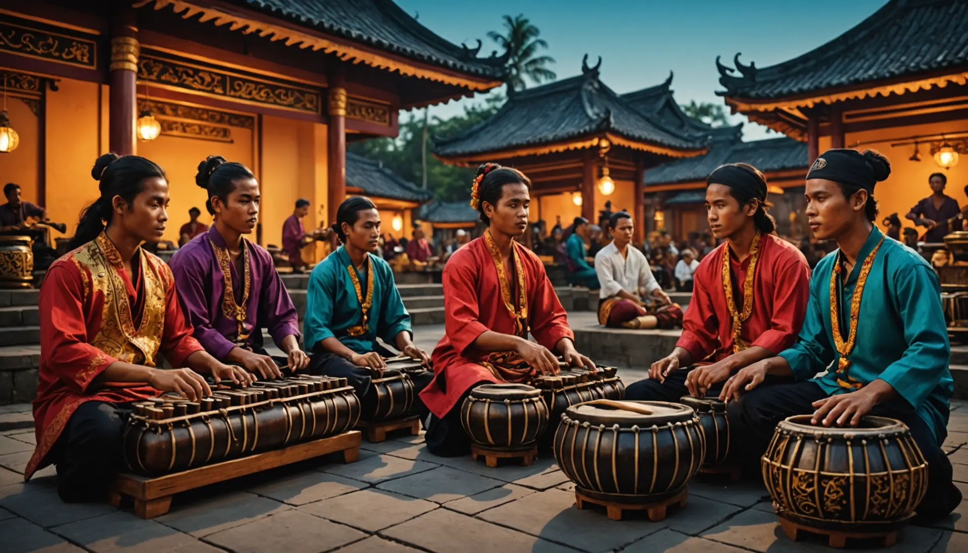 Illustration of musicians playing gamelan with the phrase what does gamelan mean in context