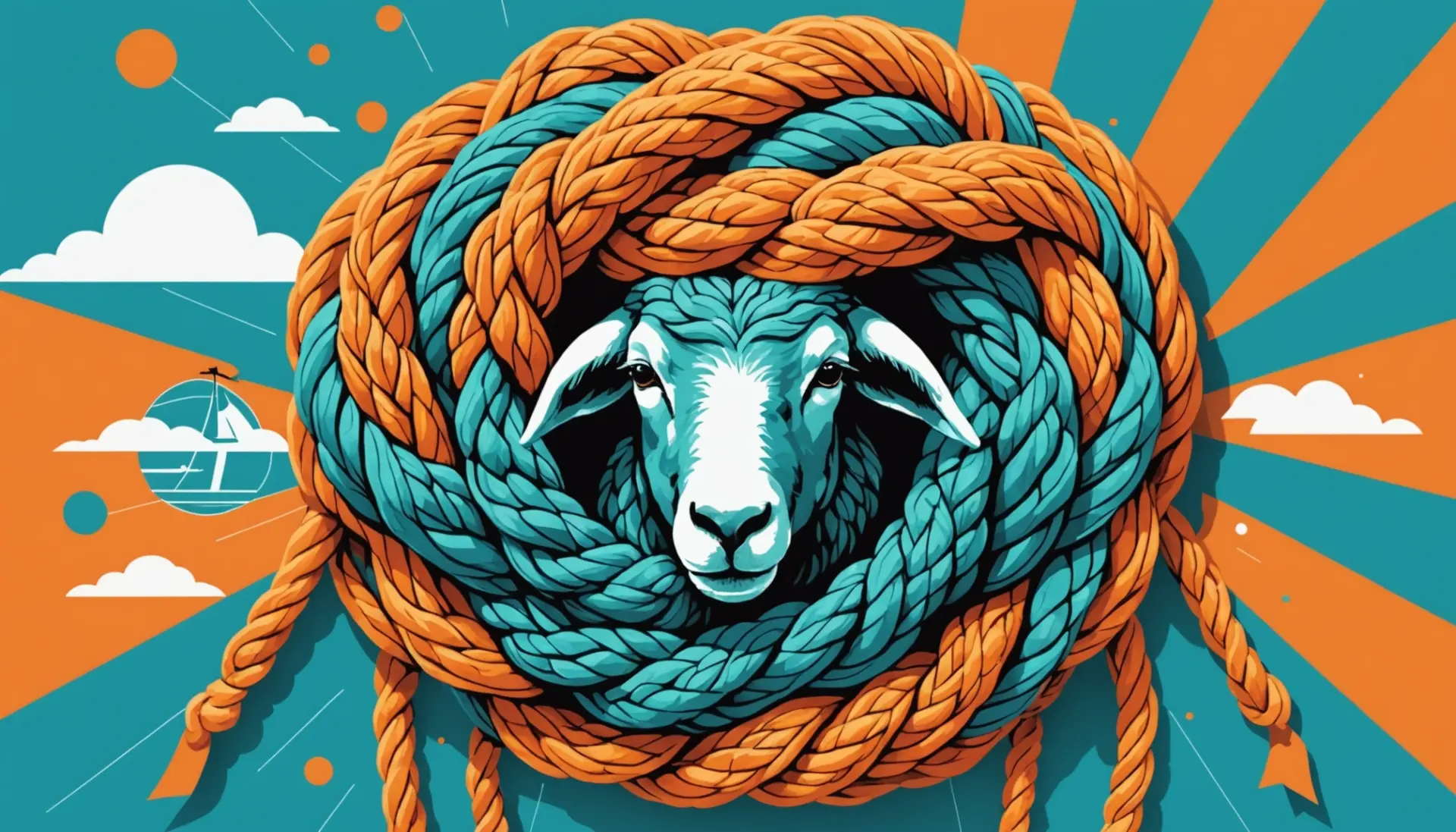 Editorial illustration showing a bold sheepshank knot motif, with the phrase what does sheepshank mean implied visually