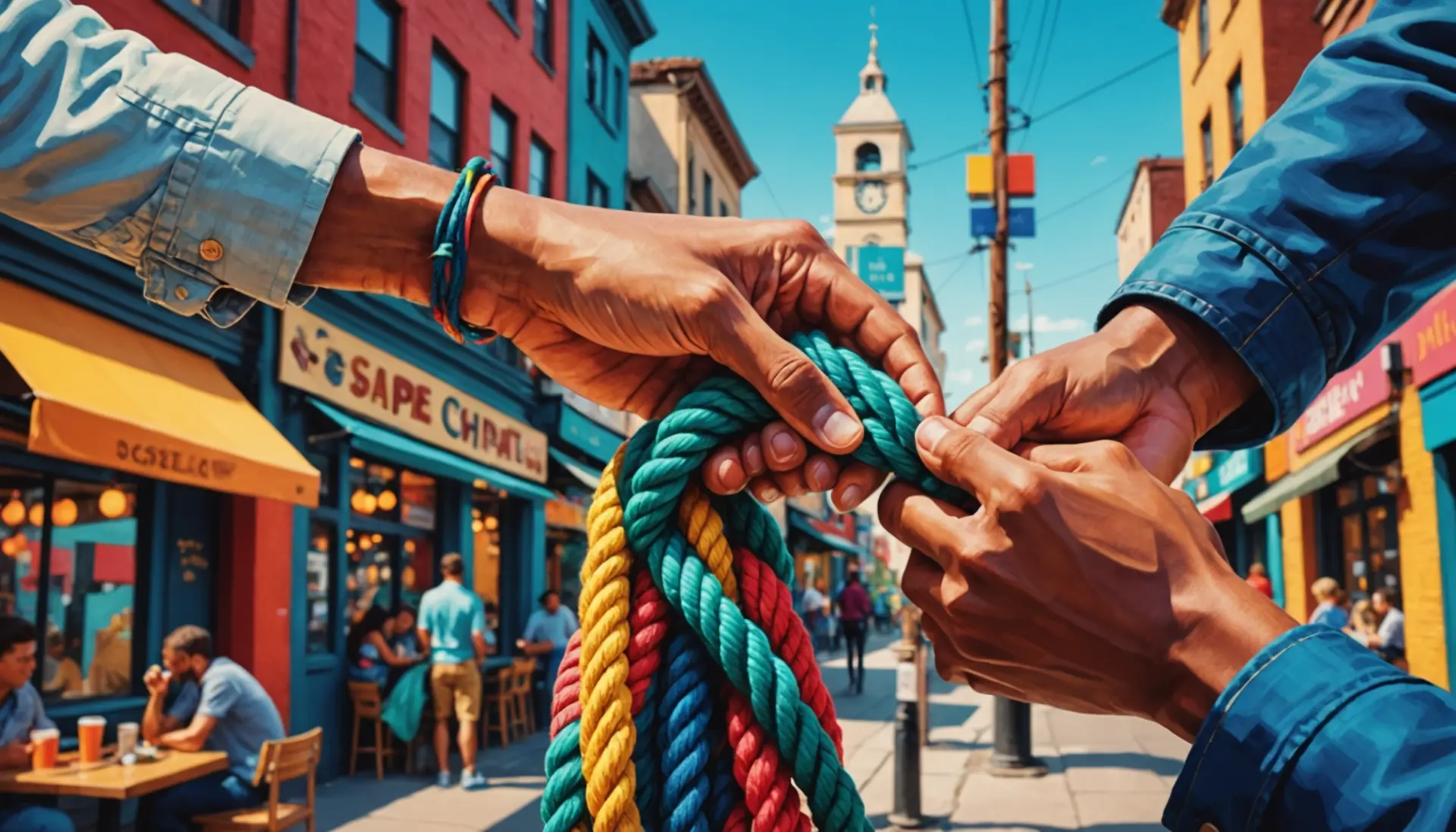 Editorial illustration of a sheepshank knot and urban characters, what does sheepshank meaning