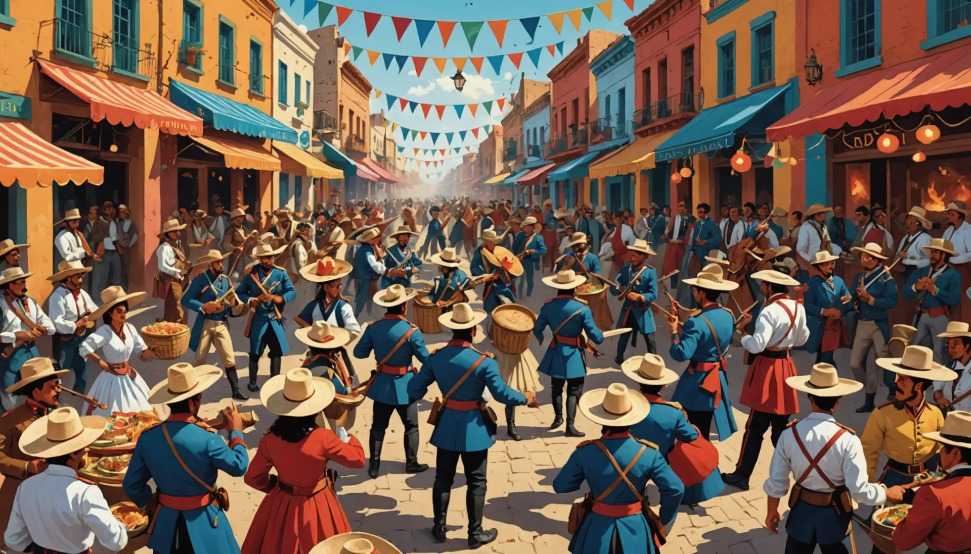 what does cinco de mayo mean illustrated scene of a festive street parade with historical reenactors and modern celebrations