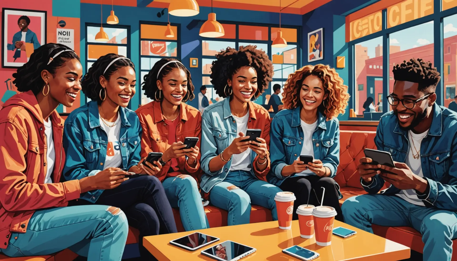 Editorial illustration showing people using slang, caption 'what does finna mean in slang' concept