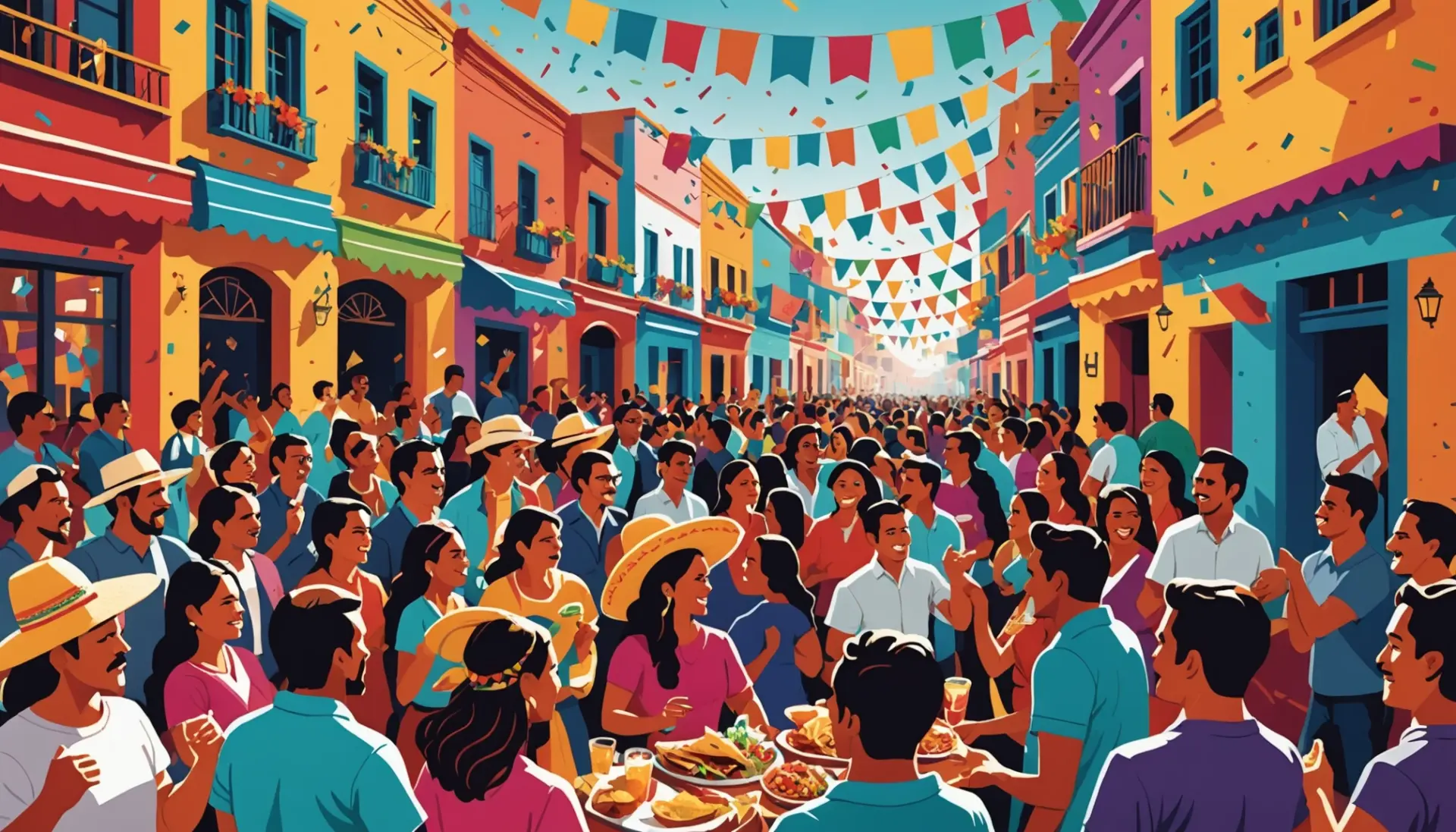Editorial illustration of a festival scene with caption-style banner reading Cinco de Mayo, illustrating what does cinco de mayo mean in english