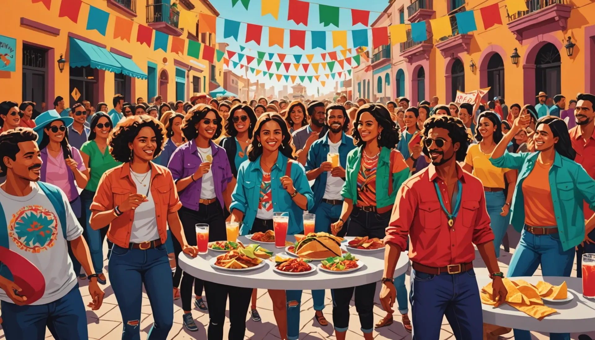 A festive street scene asking what does 5 de mayo mean with people celebrating, colorful banners, and historical motifs