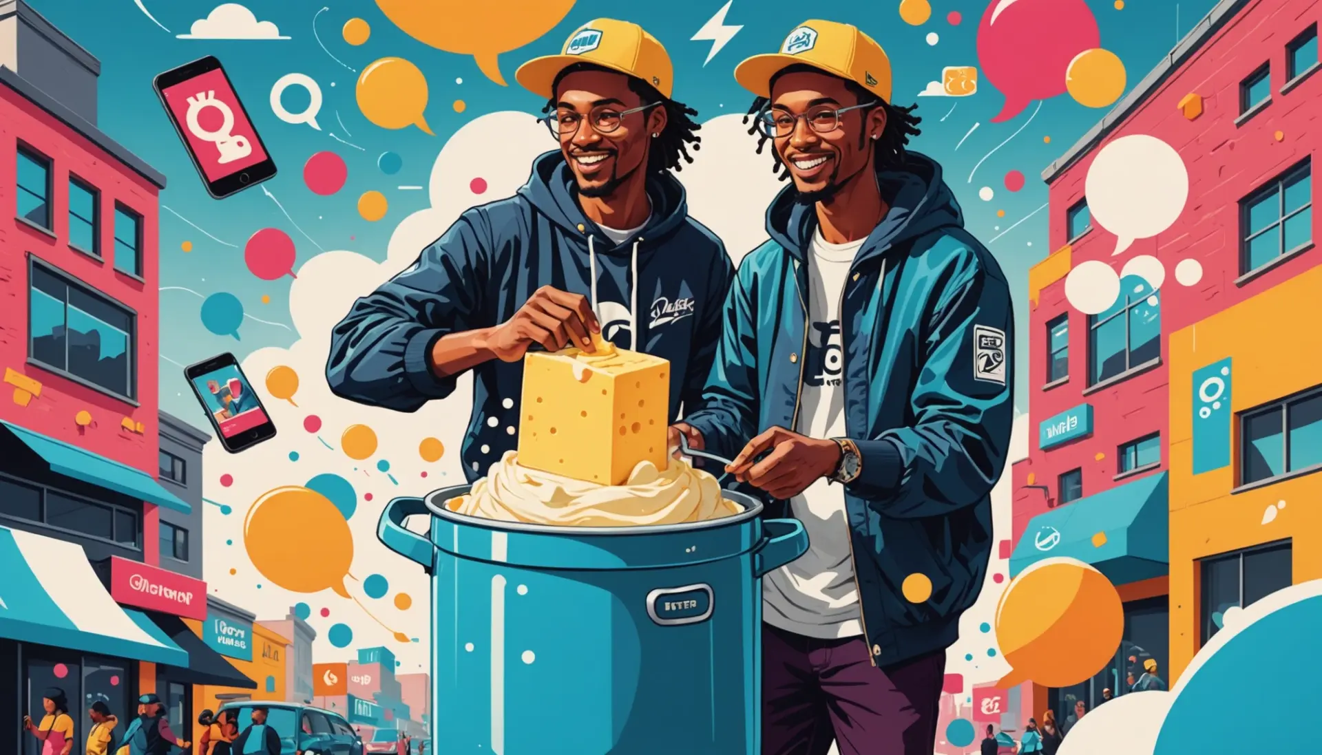 Editorial illustration of the butter churner urban dictionary concept with social media icons and a whimsical churner