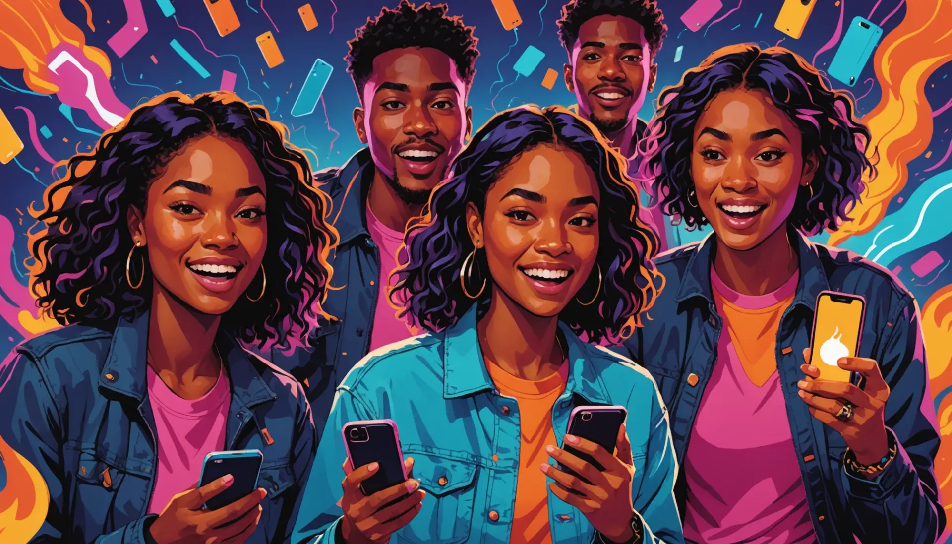Editorial illustration showing people searching burning urban dictionary on phones, neon colors, slang vibes