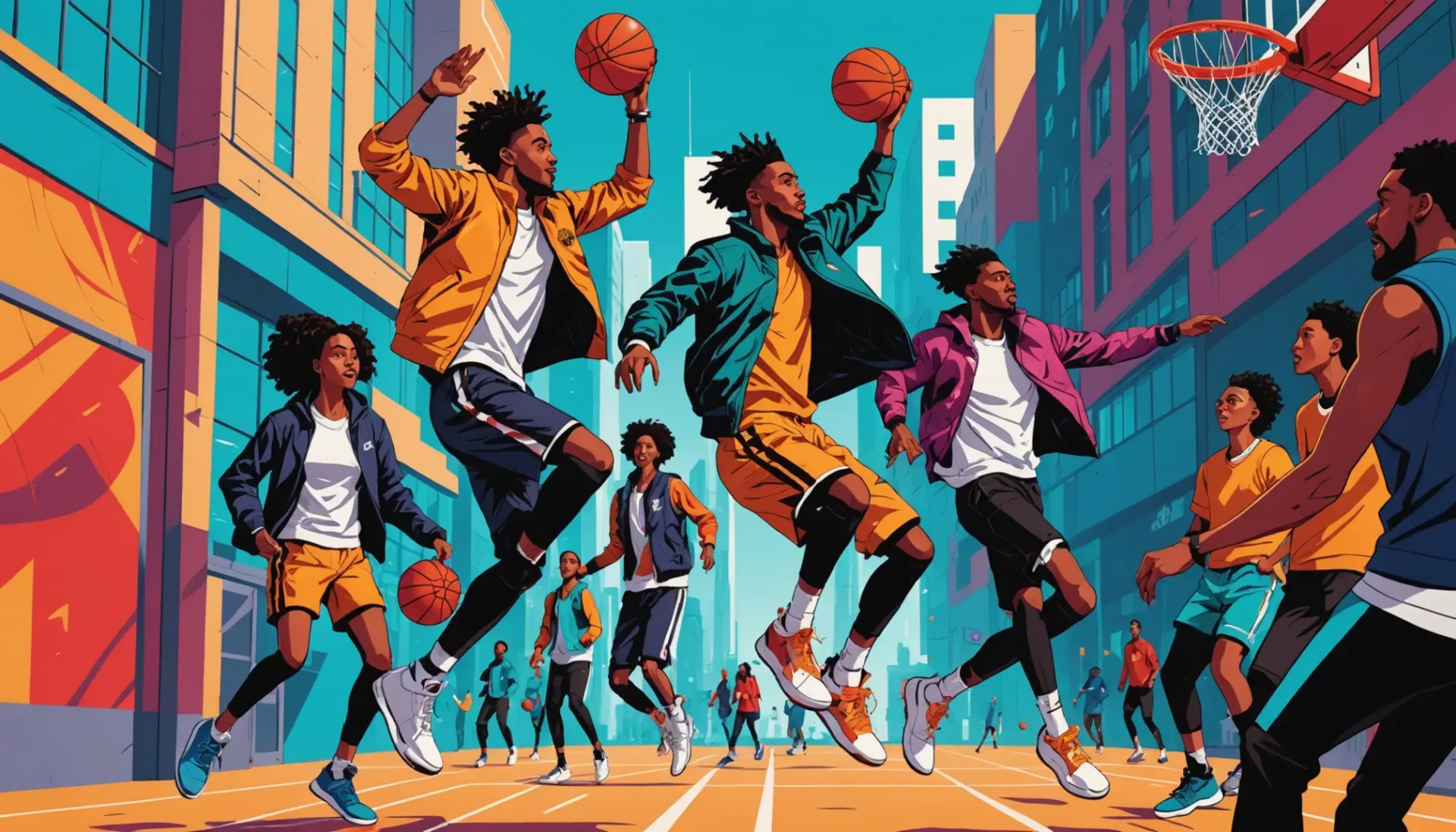 Editorial illustration showing modern youth celebrating a basketball swish, captioned with the phrase swish urban dictionary in planning notes