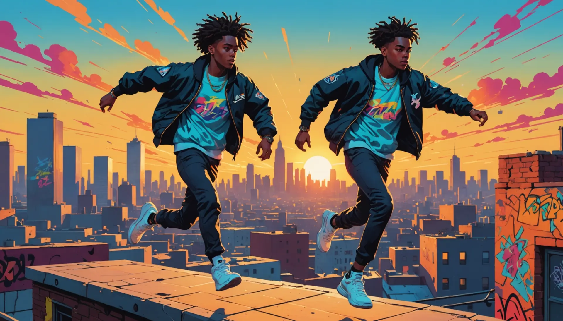 Editorial illustration of a young person with graffiti backdrop, caption vibe showing raw dogging life meaning urban dictionary