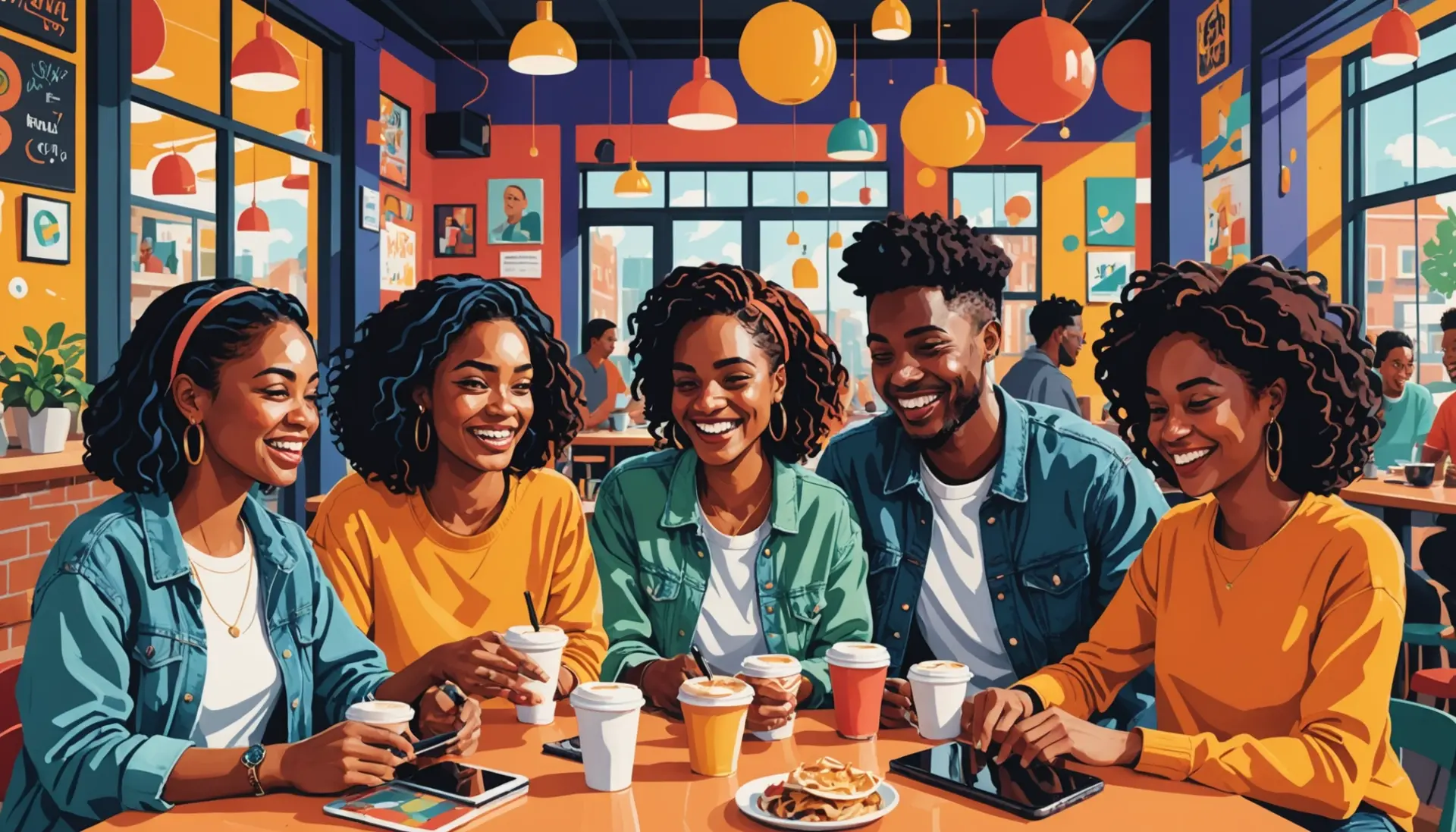 Editorial illustration of people using slang with the phrase sprouted urban dictionary visible in context